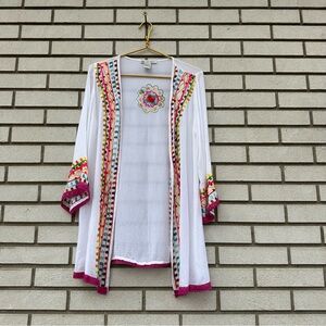 Cute Options White Embroidered Boho Kimono Open Front Sheer Festival Layer M